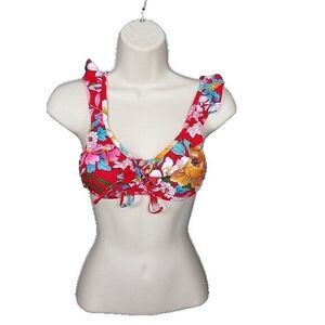 Xhilaration Small Red Multicolor Floral Bikini Top Ruffle Padded Bikini S